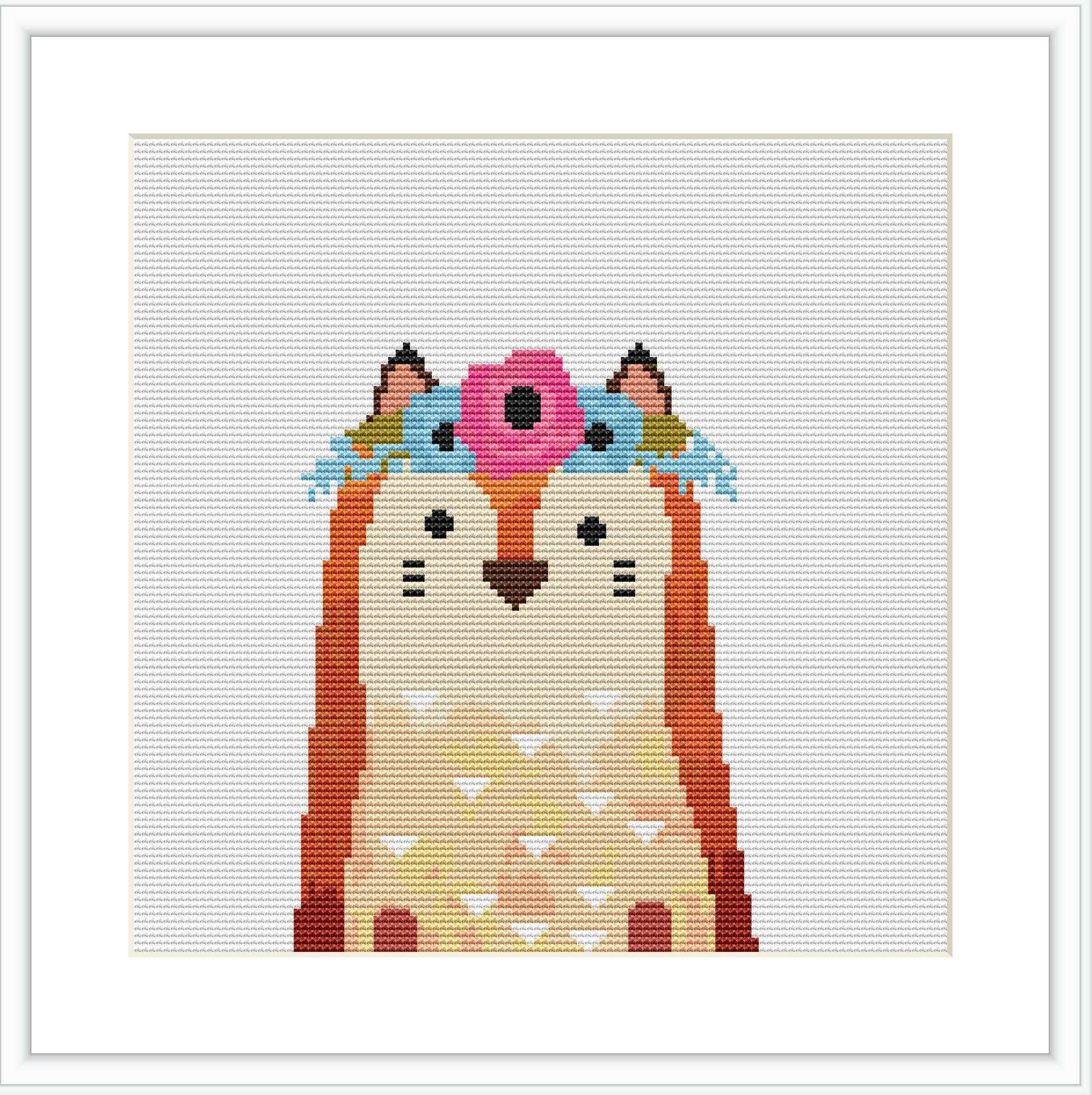 The image shows a cross stitch pattern featuring a stylized fox with a crown of flowers on its head. The background is white, and the fox is centered in the frame, detailed with various colors.