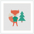 The image shows a cross stitch pattern featuring a stylized fox standing on two legs, facing forward, with a pine tree to its right. The pattern is displayed on a white canvas, framed by a simple border.
