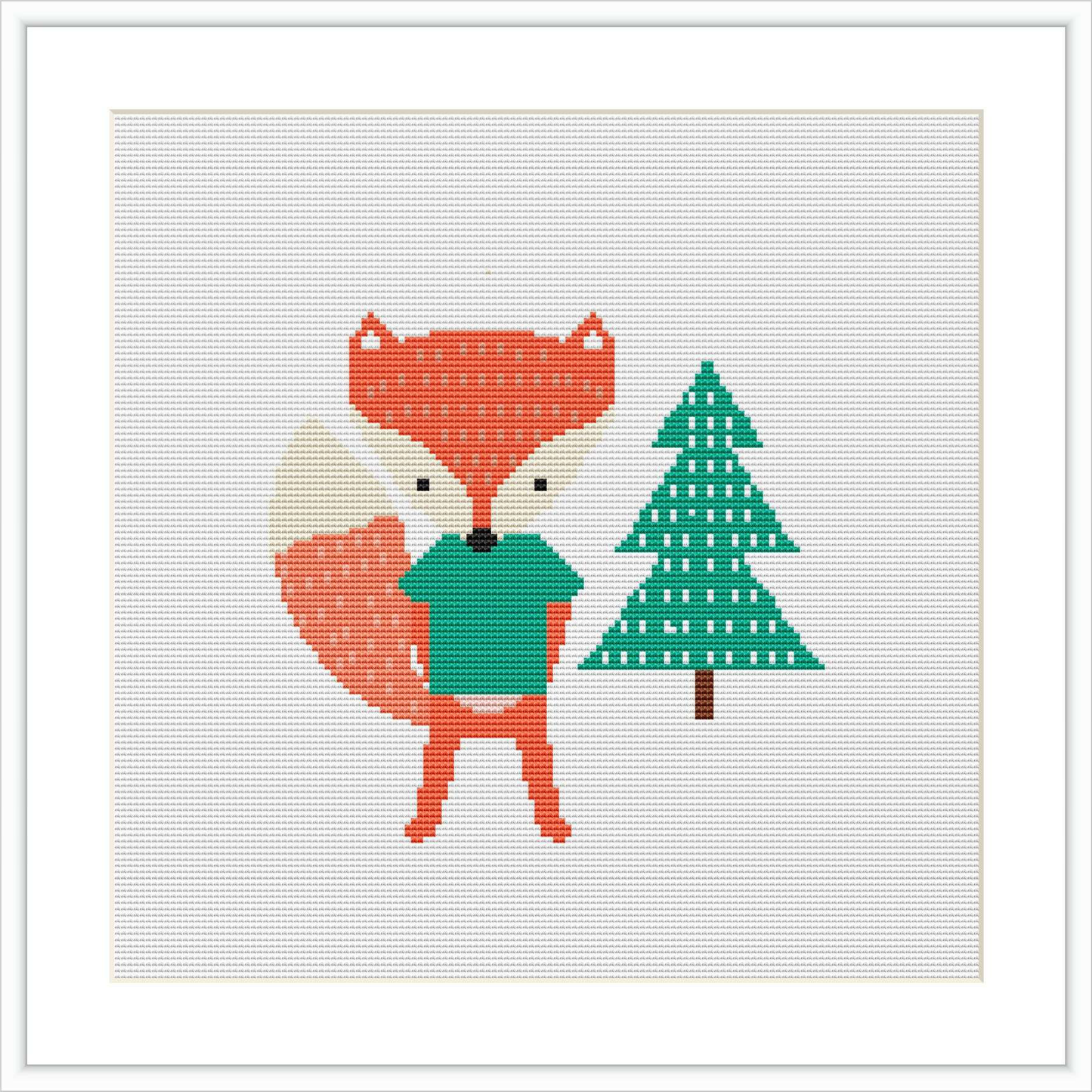 The image shows a cross stitch pattern featuring a stylized fox standing on two legs, facing forward, with a pine tree to its right. The pattern is displayed on a white canvas, framed by a simple border.