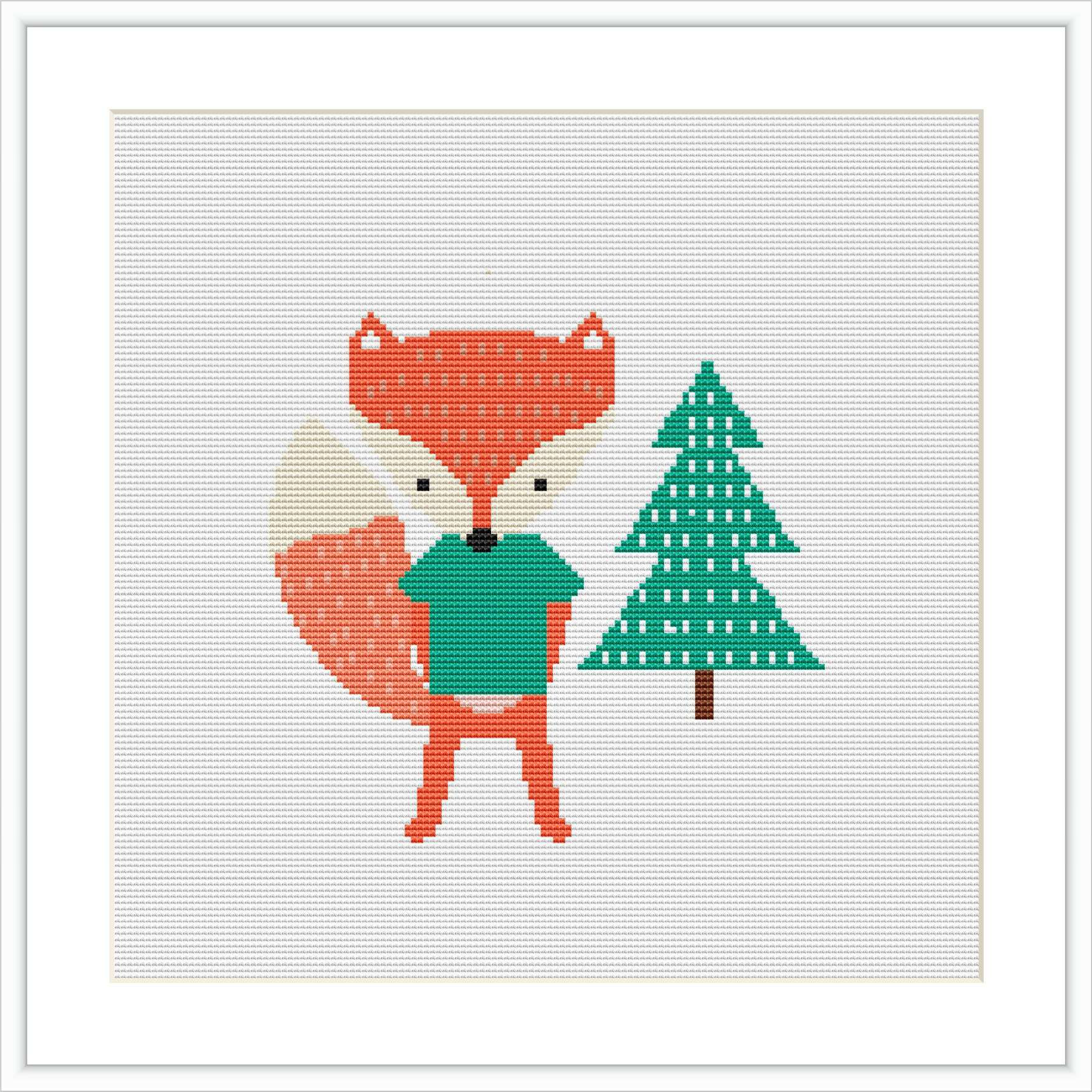 The image shows a cross stitch pattern featuring a stylized fox standing on two legs, facing forward, with a pine tree to its right. The pattern is displayed on a white canvas, framed by a simple border.