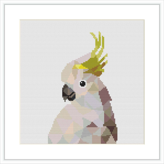 The image displays a medium-sized square cross stitch pattern depicting a white cockatoo with a splash of yellow on its crest. It is centered on a simple grid background, creating a clean and focused look.