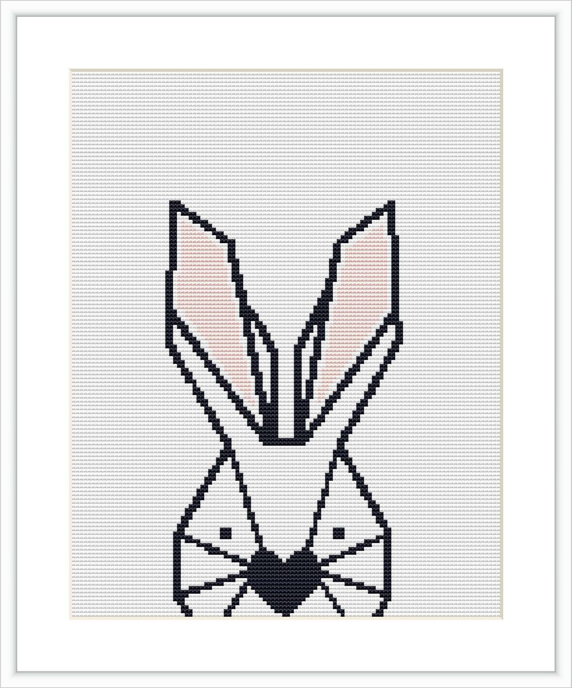 The image shows a stylized, geometric cross stitch pattern of a bunny with the design predominantly using black, white, and shades of grey, with pink accents on the ears. It is displayed against a greyish-white background.