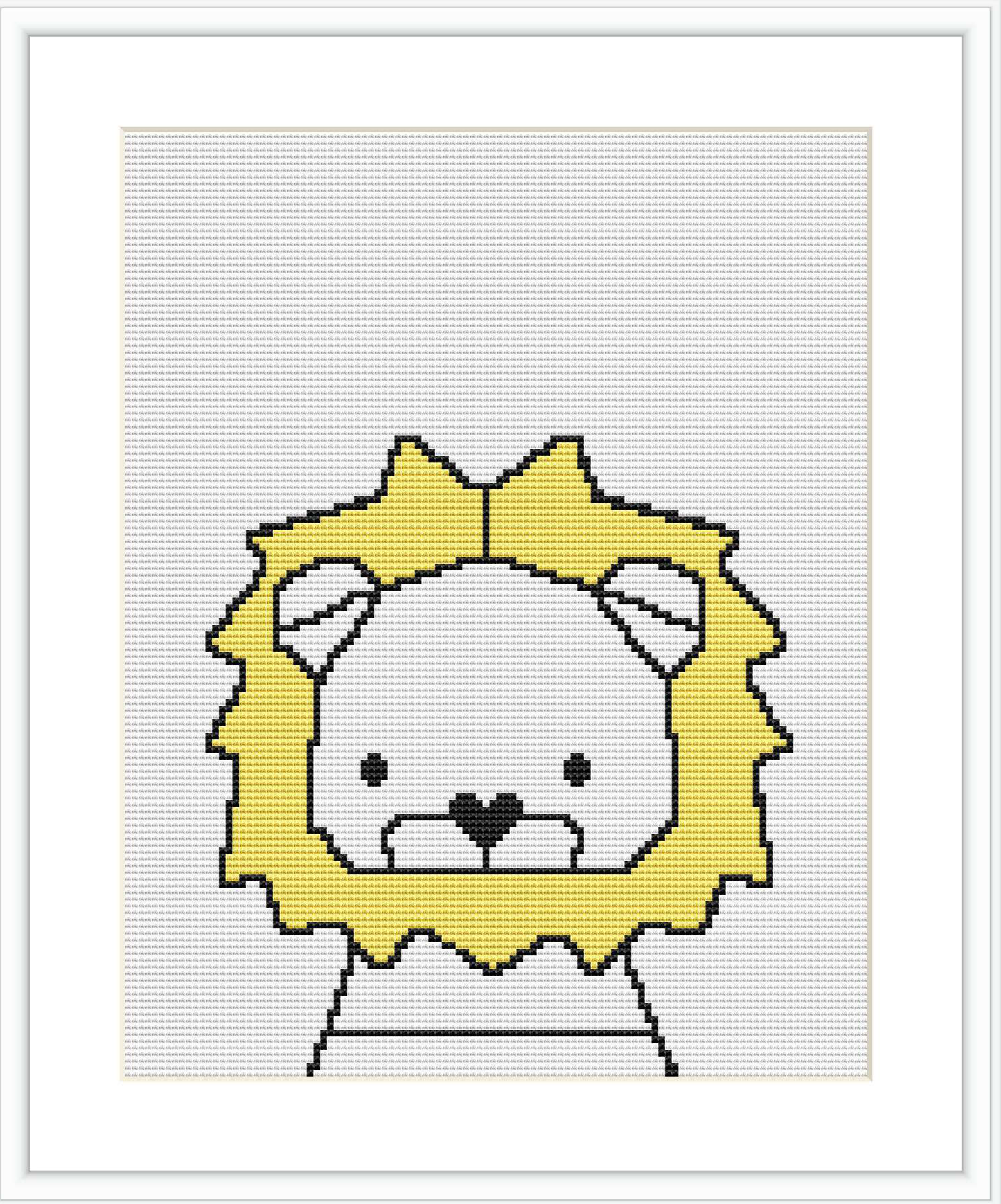 The image shows a geometric cross stitch pattern of a lion centered on a grid. The lion is simplified into basic geometric shapes with a cream body, a yellow and black mane, and minor gray details, on a white background.