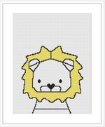 The image shows a geometric cross stitch pattern of a lion centered on a grid. The lion is simplified into basic geometric shapes with a cream body, a yellow and black mane, and minor gray details, on a white background.