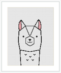 The image features a cross stitch design of a stylized llama with geometric patterns, presented on a white aida cloth in a portrait orientation.