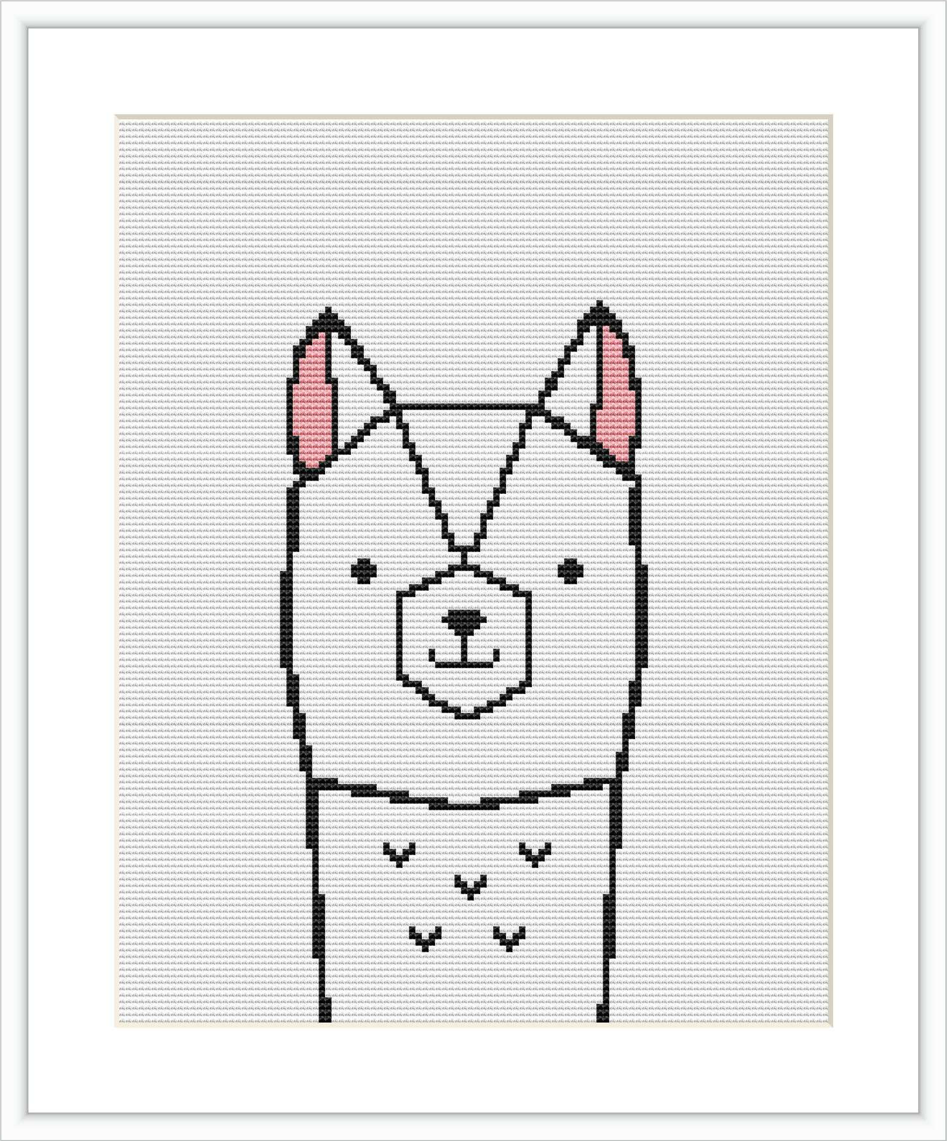 The image features a cross stitch design of a stylized llama with geometric patterns, presented on a white aida cloth in a portrait orientation.