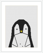 The image shows a cross stitch pattern of a simplified, geometric representation of a penguin on a white grid canvas. The penguin is primarily black and white with grey shades and a small yellow beak.