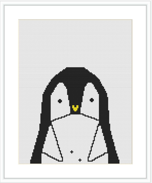 The image shows a cross stitch pattern of a simplified, geometric representation of a penguin on a white grid canvas. The penguin is primarily black and white with grey shades and a small yellow beak.