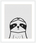 The image features a cross stitch pattern of a geometric sloth design. It presents a stylized sloth face composed of black and white pixel-like stitches against a plain white background.