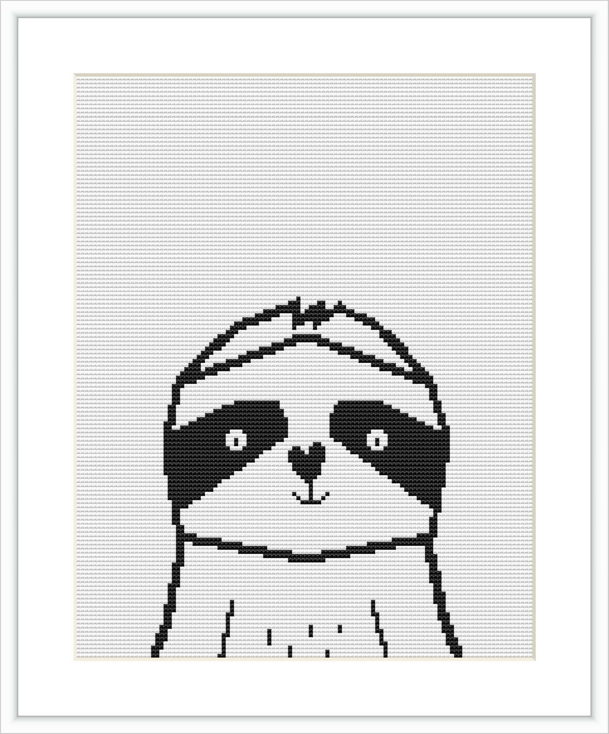 The image features a cross stitch pattern of a geometric sloth design. It presents a stylized sloth face composed of black and white pixel-like stitches against a plain white background.