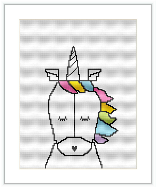 The image depicts a digitally rendered cross stitch pattern of a geometric unicorn head on a white grid background. The unicorn features a black outline with pastel-colored mane and a playful expression.