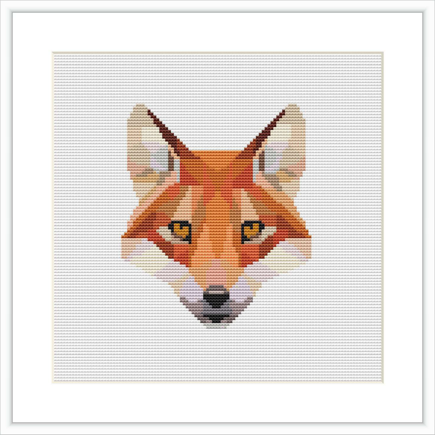 The image showcases a cross stitch pattern of a fox head with a low poly design, set against a white background within a frame.