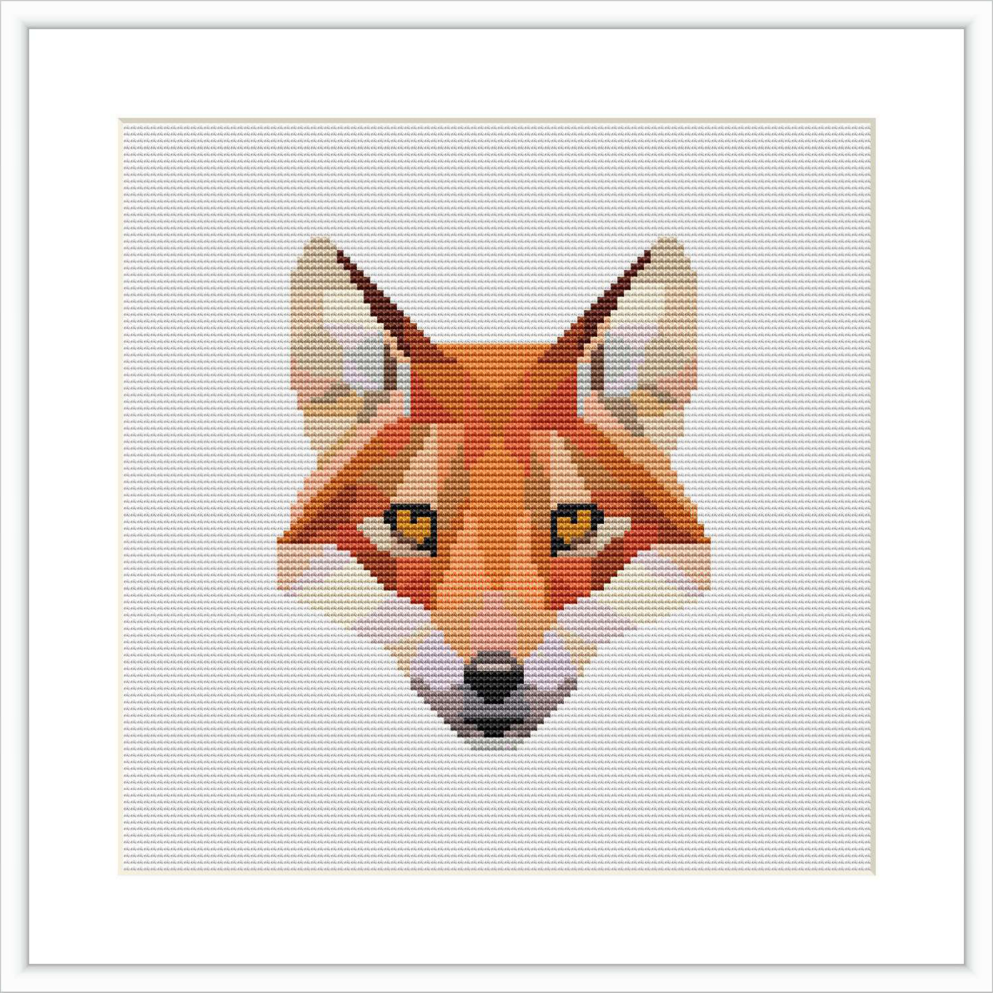 The image showcases a cross stitch pattern of a fox head with a low poly design, set against a white background within a frame.