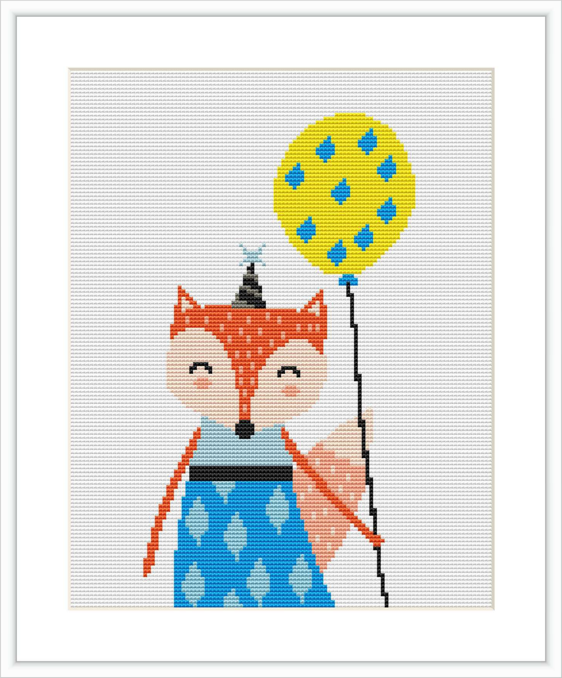 The image depicts a cross-stitch pattern featuring a fox character with a closed-eyed expression, wearing a party hat. The fox is holding onto a string attached to a yellow balloon decorated with blue droplets. The background is a plain white canvas.