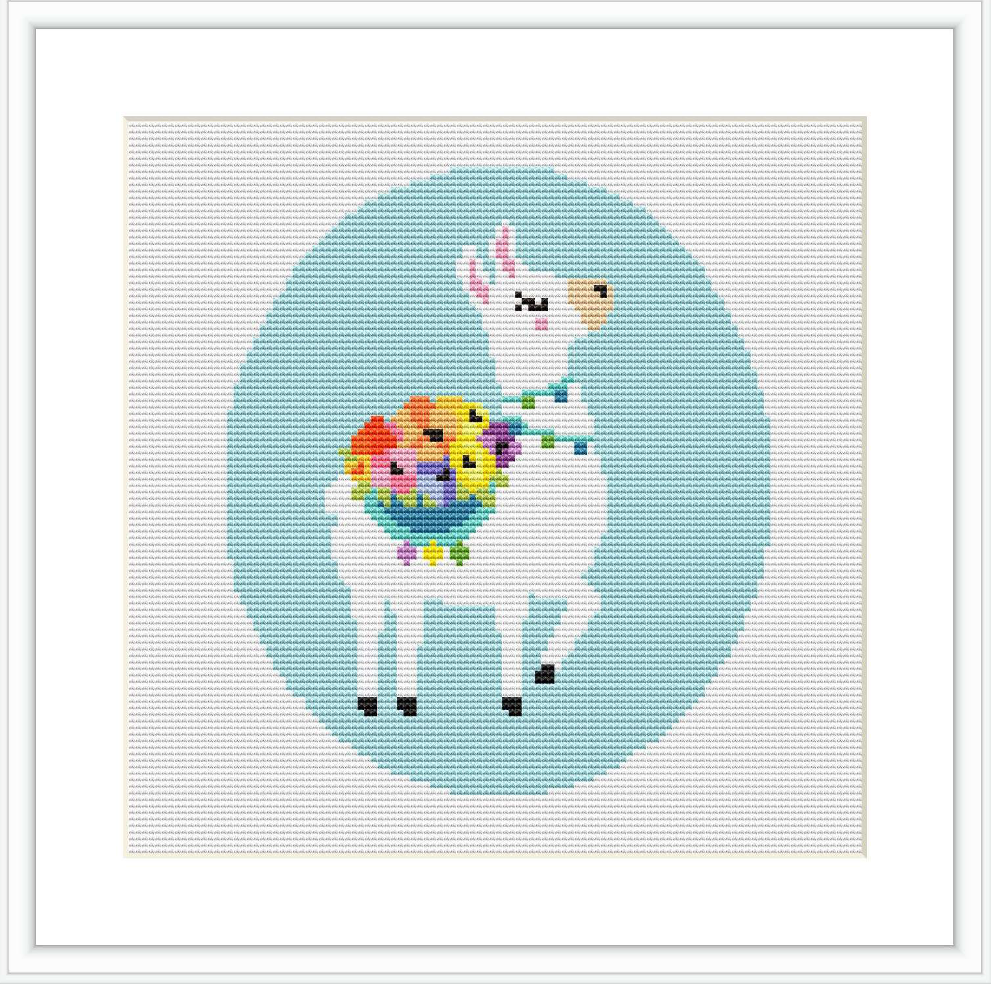 The image is a digital mock-up of a cross stitch pattern showing a stylized white llama with closed eyes, rosy cheeks, and a bouquet of multicolored flowers around its neck. The llama is centered against a blue circular background surrounded by a grid of white cross stitches.