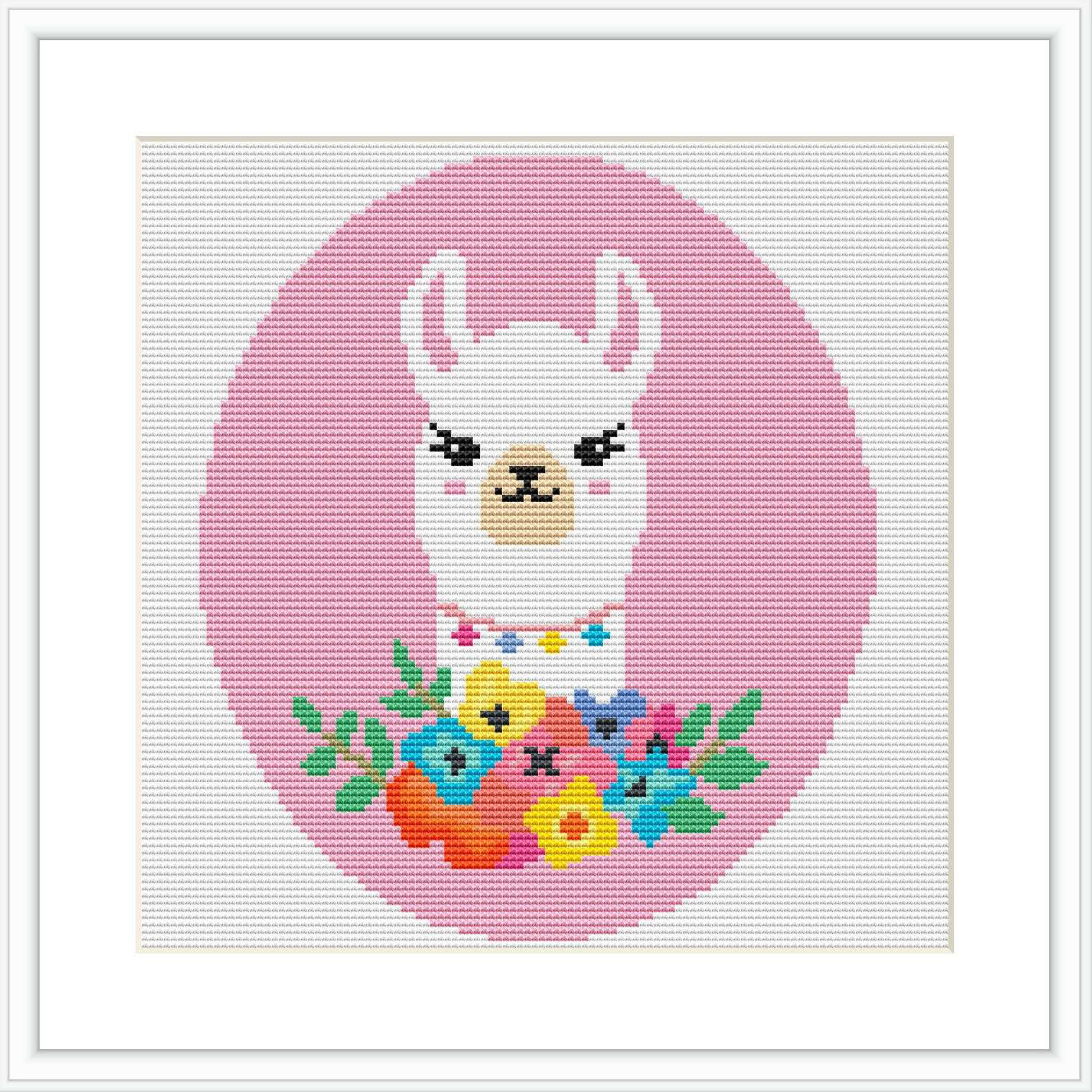 The image depicts a cross stitch pattern with a central llama surrounded by a floral garland. The llama and flowers are enclosed within a pink circular border, and the entire pattern is presented on a white background.