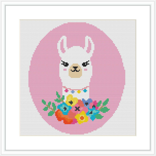 The image depicts a cross stitch pattern with a central llama surrounded by a floral garland. The llama and flowers are enclosed within a pink circular border, and the entire pattern is presented on a white background.