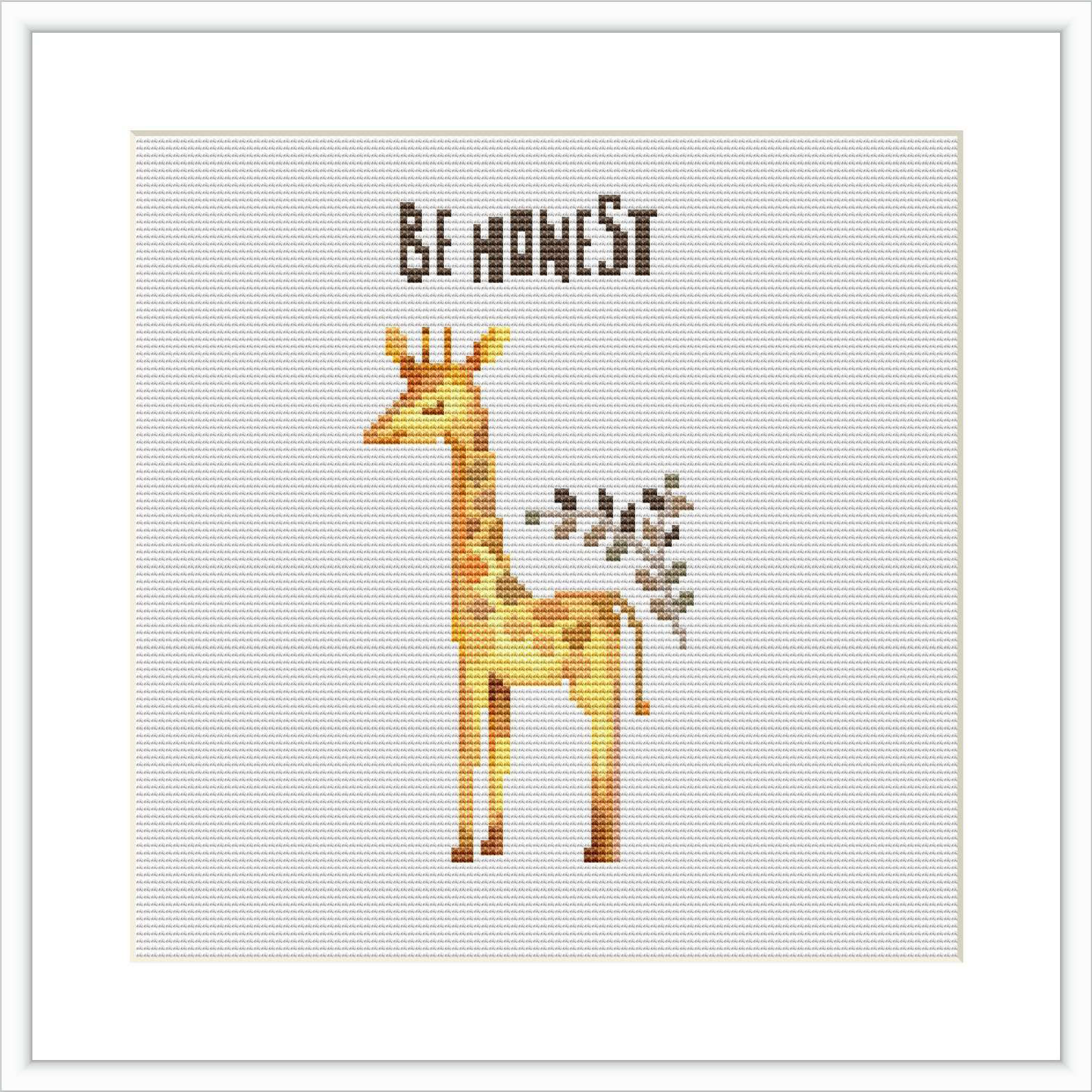 A cross stitch pattern depicting a standing giraffe with the phrase 'Be Honest' above. The giraffe is centrally located on a white background, composed of amber and earth tones, with small hearts beside it.