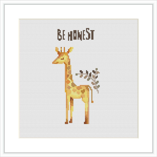 A cross stitch pattern depicting a standing giraffe with the phrase 'Be Honest' above. The giraffe is centrally located on a white background, composed of amber and earth tones, with small hearts beside it.