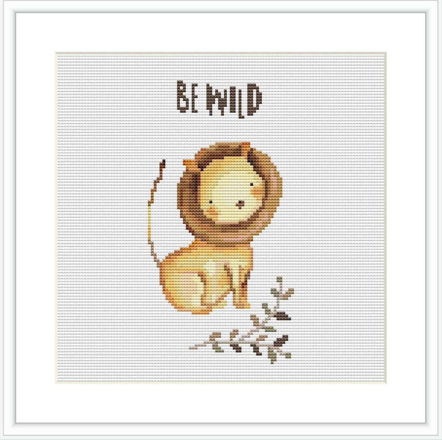 The image features a cartoonish lion cub in the center with the text 'Be Wild' above it. The lion is positioned on a white background with some minimal flora elements at its base.