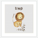 The image features a cartoonish lion cub in the center with the text 'Be Wild' above it. The lion is positioned on a white background with some minimal flora elements at its base.