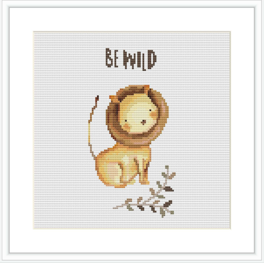 The image features a cartoonish lion cub in the center with the text 'Be Wild' above it. The lion is positioned on a white background with some minimal flora elements at its base.