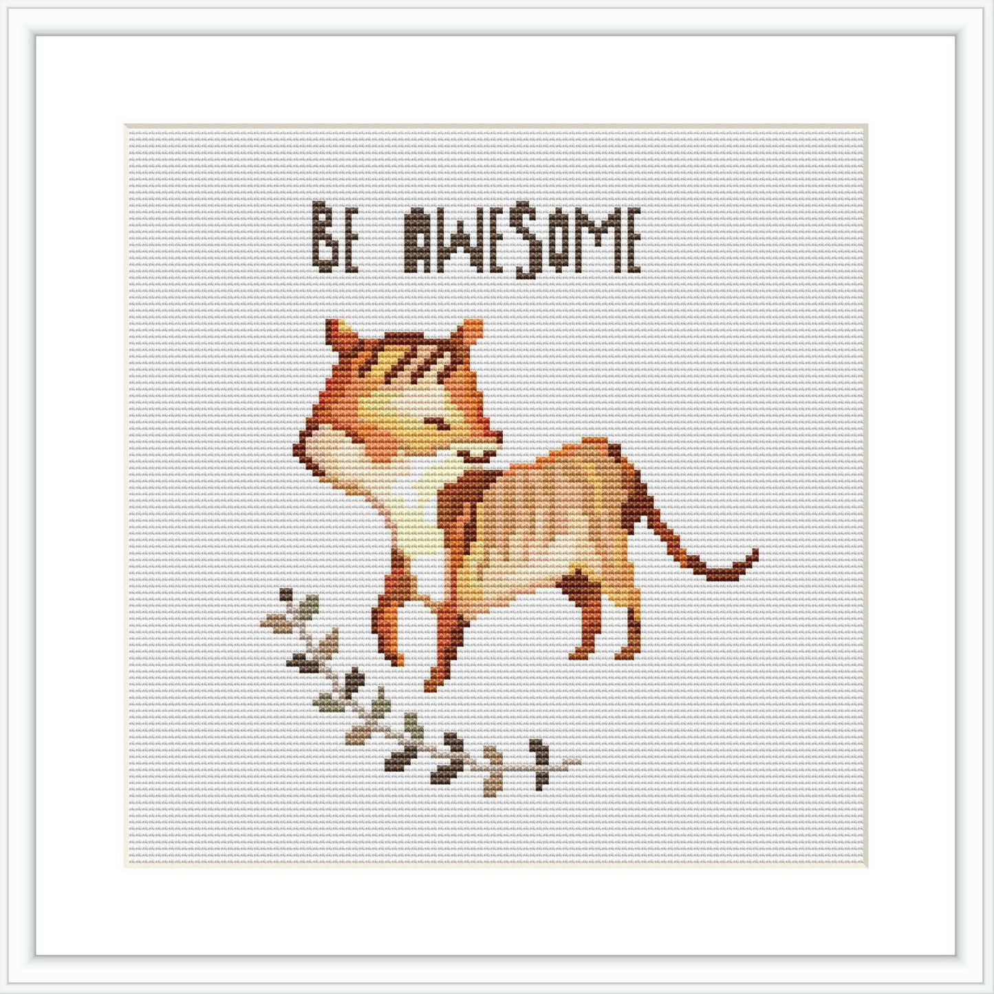 The image depicts a cross stitch pattern of a cartoon-like tiger walking to the left with a sequence of paw prints trailing behind. Above the tiger, the phrase 'BE AWESOME' is stitched in uppercase letters.