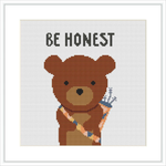 The image depicts a cross stitch design featuring a brown bear raising its right forearm and crossed by a blue bandage with some white arrows, on a grey background with the phrase 'BE HONEST' in bold, capitalized, black font arranged above the bear.