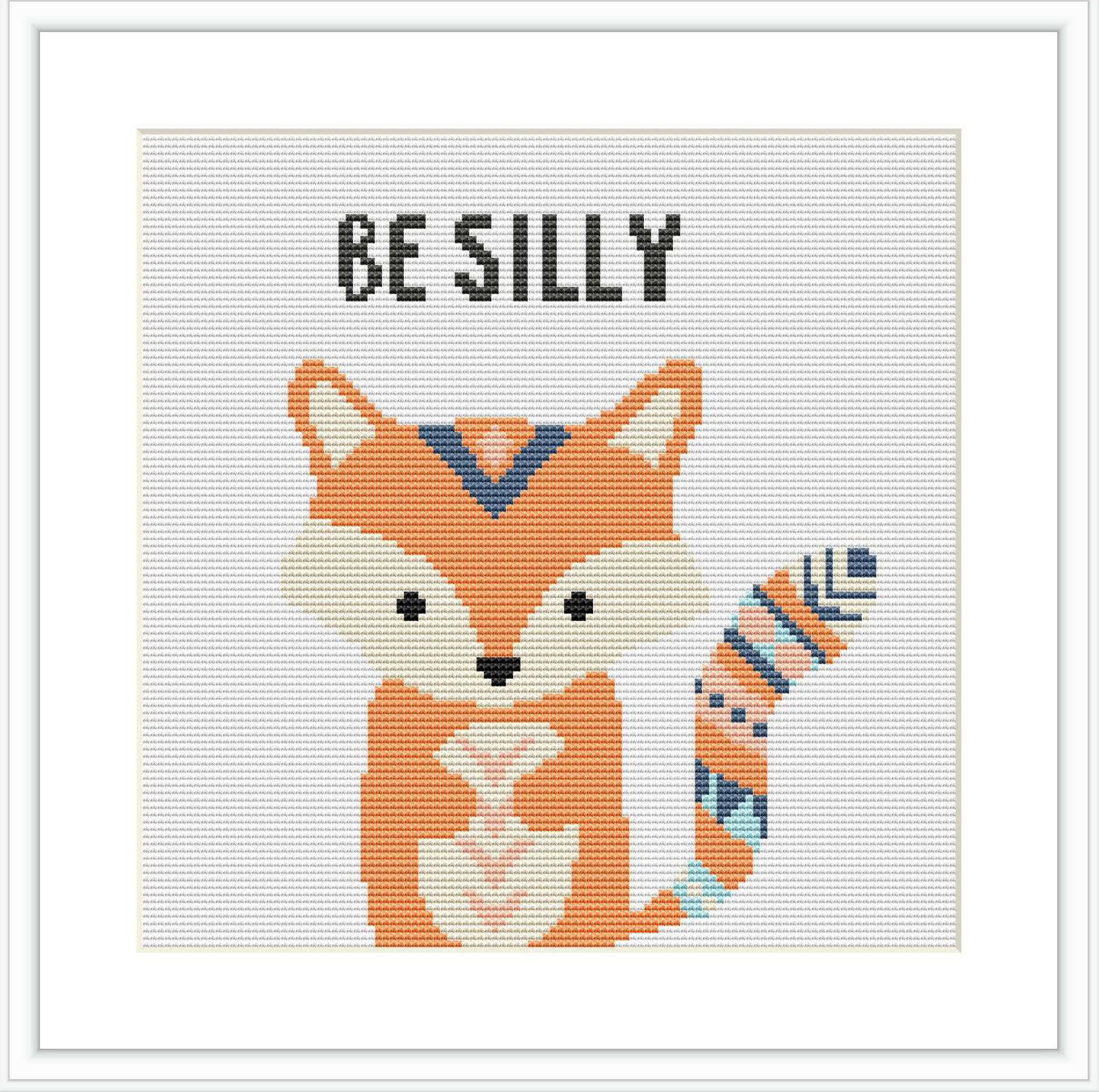 The image depicts a cross stitch pattern featuring a stylized fox with a striped tail and a super hero-like mask sitting below the words 'BE SILLY'. The fox is centered on a white background with small colored stitches.