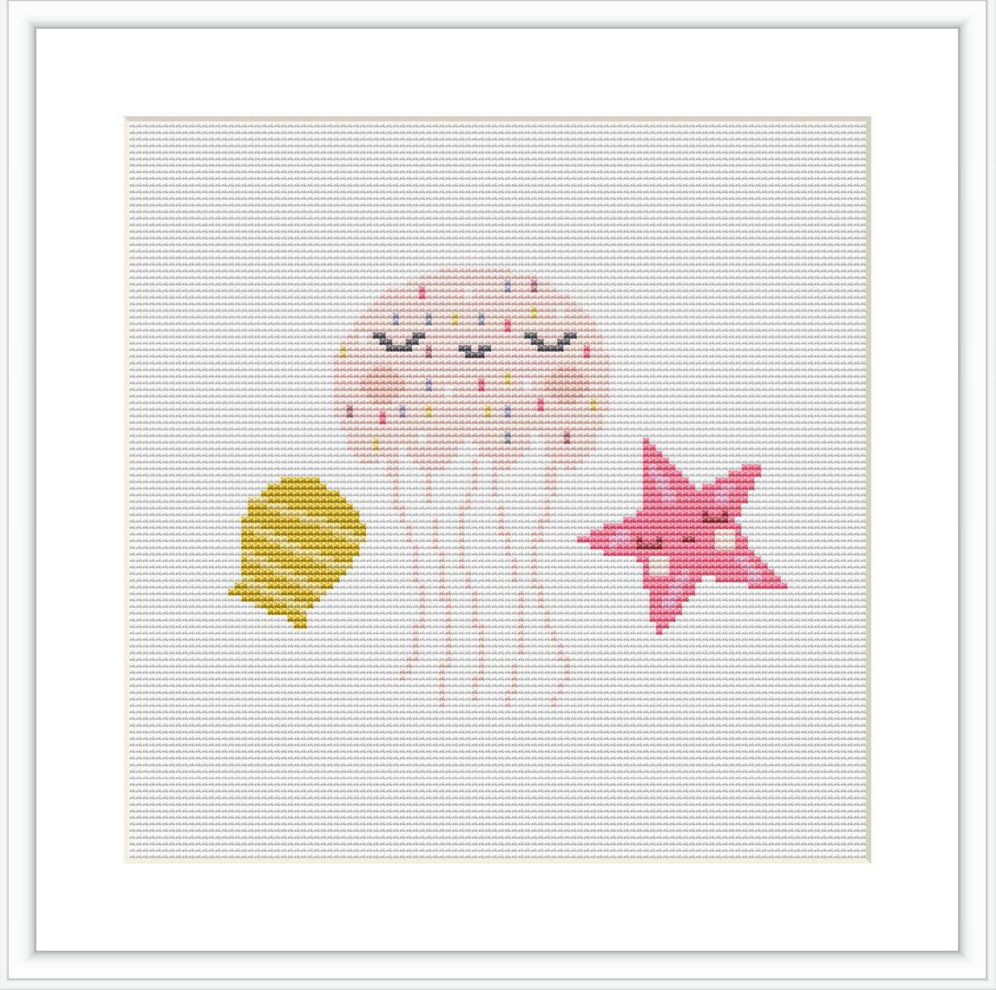 The image displays a cross stitch pattern featuring a central pink jellyfish with dangling tentacles, flanked by a yellow and a pink sea star, set against a plain white background within a square frame.