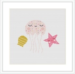 The image displays a cross stitch pattern featuring a central pink jellyfish with dangling tentacles, flanked by a yellow and a pink sea star, set against a plain white background within a square frame.