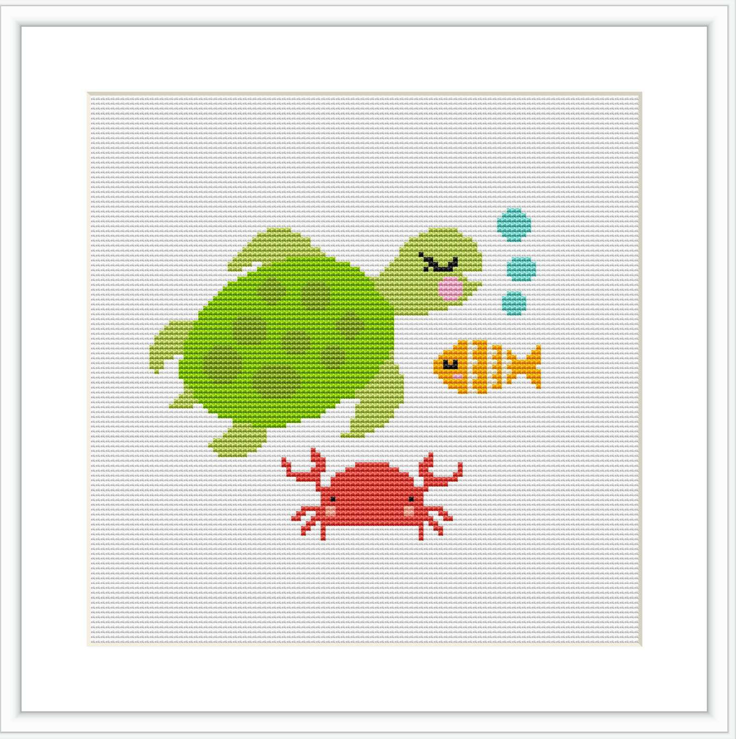 The image shows a cross stitch pattern featuring a large green turtle at the top, a yellow and orange striped fish in the middle, and a red crab at the bottom. They are depicted against a white background, with blue bubbles ascending from the crab to the turtle.