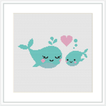 The design shows two stylized cartoon whales, a larger one and a smaller one, both in shades of aqua and teal with rosy pink cheeks and closed, smiling eyes. They are depicted with a simplistic and cute style. Between them floats a light pink heart, suggesting a connection or bond. The design is set against a light blue background enclosed in a white square frame.