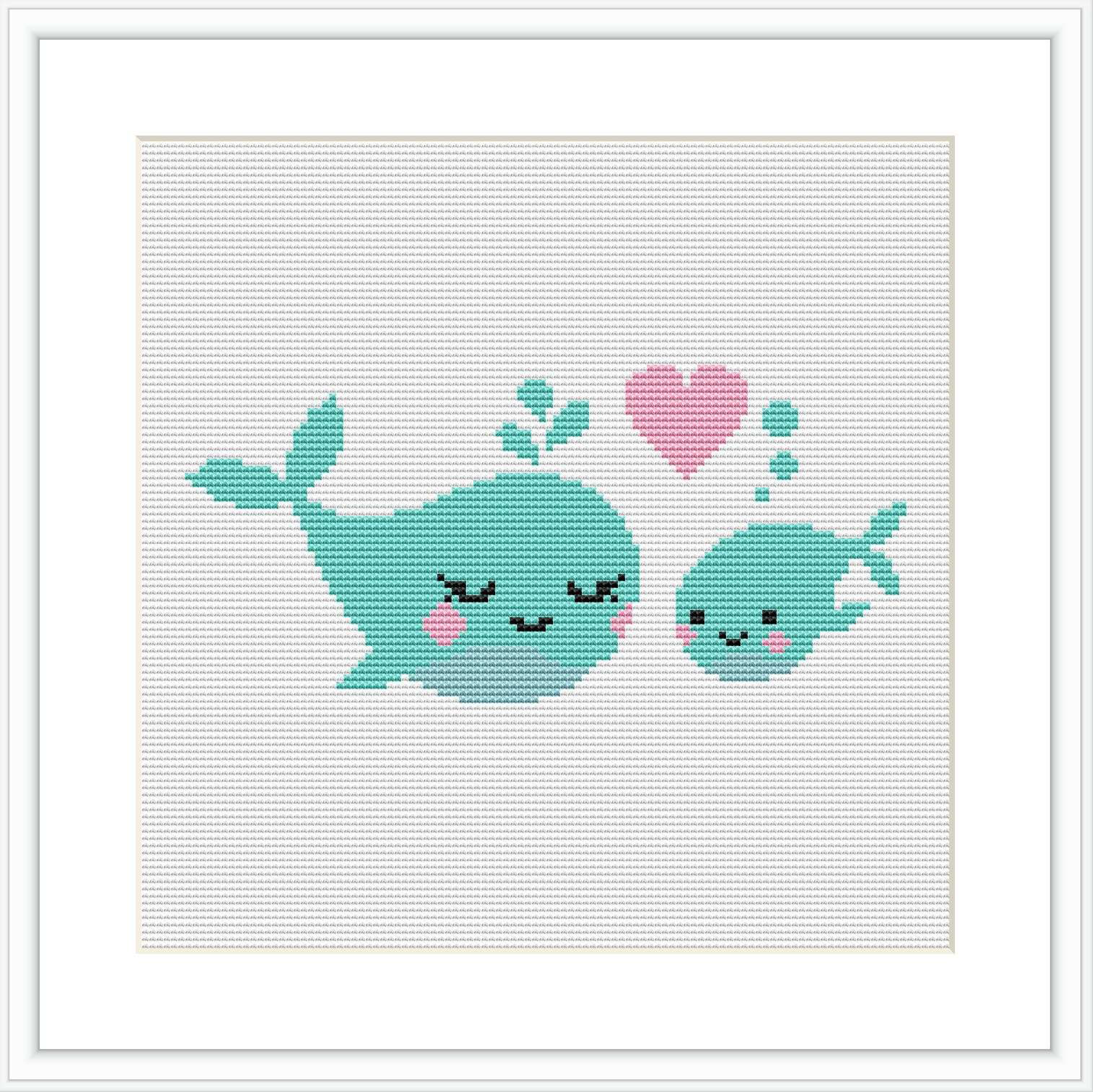 The design shows two stylized cartoon whales, a larger one and a smaller one, both in shades of aqua and teal with rosy pink cheeks and closed, smiling eyes. They are depicted with a simplistic and cute style. Between them floats a light pink heart, suggesting a connection or bond. The design is set against a light blue background enclosed in a white square frame.