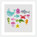 The image features an assortment of stylized sea animals including a whale, octopus, starfish, seahorse, and others, arranged in a non-uniform pattern against a light blue background, framed with a white border.
