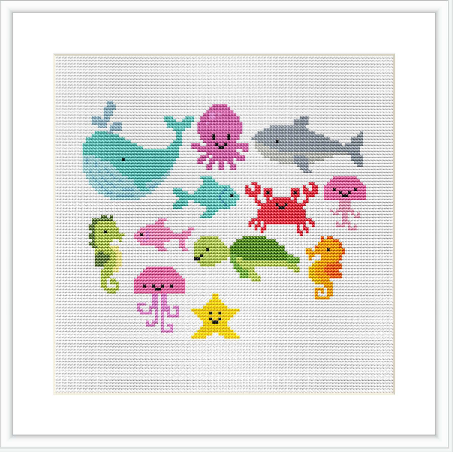 The image features an assortment of stylized sea animals including a whale, octopus, starfish, seahorse, and others, arranged in a non-uniform pattern against a light blue background, framed with a white border.