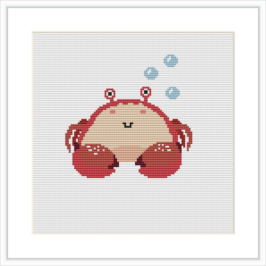 The image shows a cross stitch pattern featuring a cartoon-like crab with exaggeratedly large claws and a smiling face. It has a simple color scheme with shades of red, peach, and blue representing water bubbles floating upwards. The background is white, emphasizing the pattern's colors.