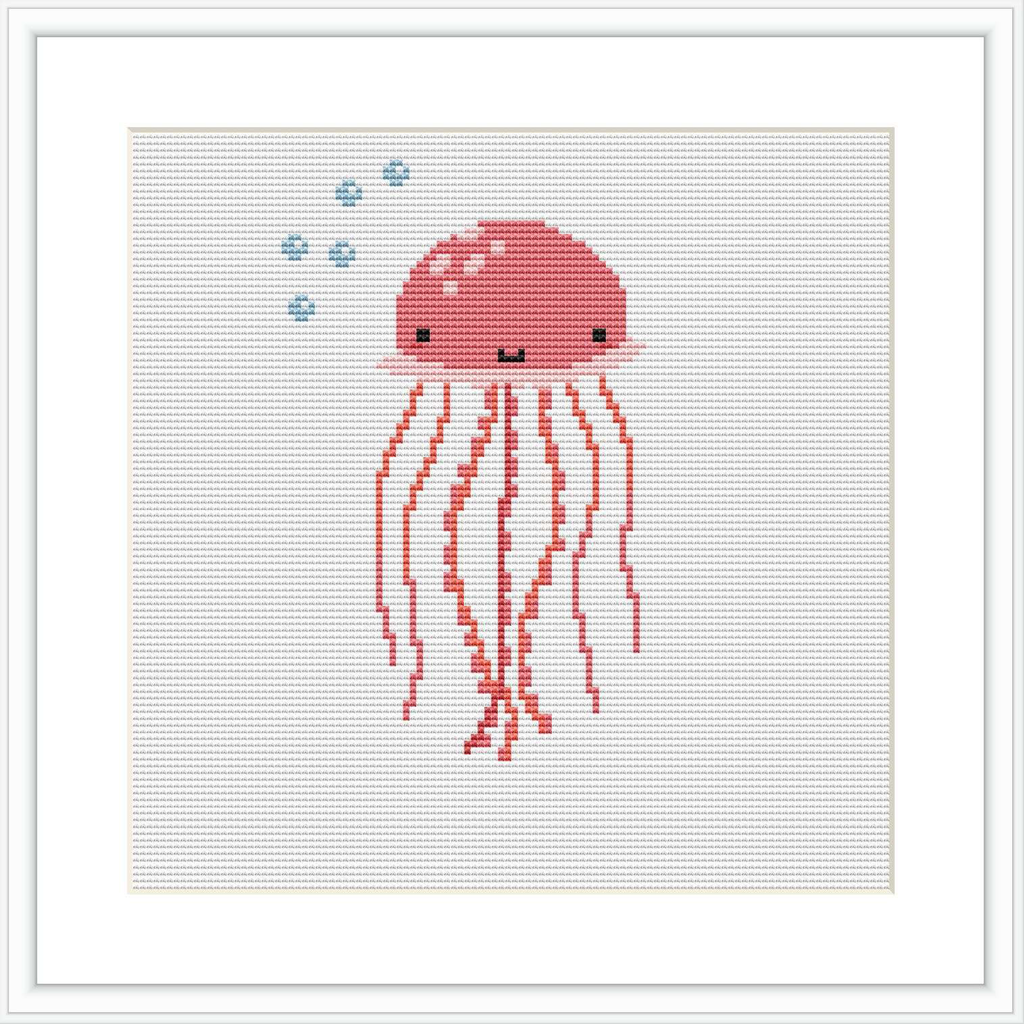 The image shows a stylized cross stitch pattern of a coral pink jellyfish with dangling tentacles and a pair of cute, simple eyes. Above the jellyfish, there are small blue bubbles. All elements are against a plain white background.