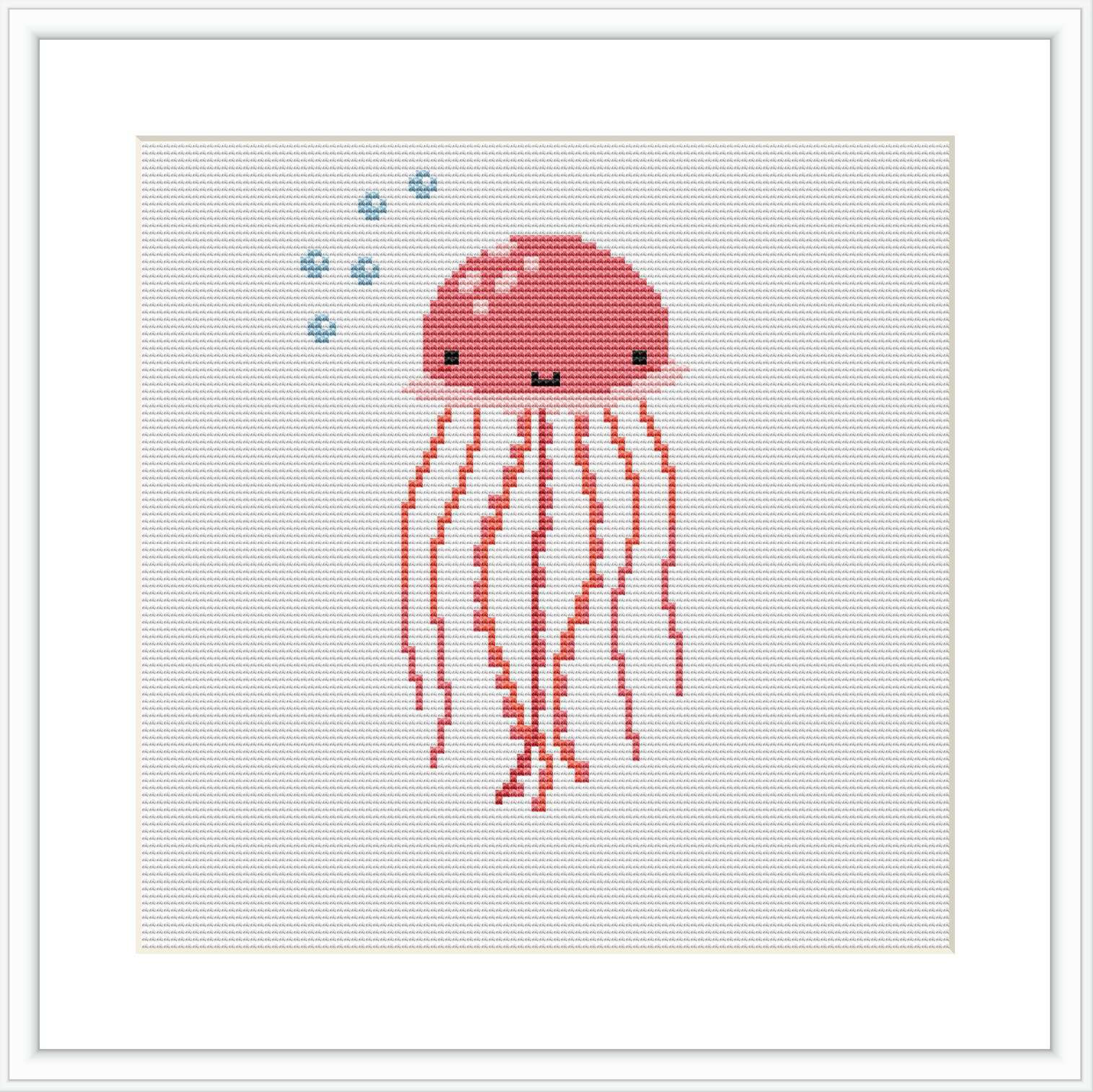 The image shows a stylized cross stitch pattern of a coral pink jellyfish with dangling tentacles and a pair of cute, simple eyes. Above the jellyfish, there are small blue bubbles. All elements are against a plain white background.