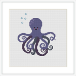 The image showcases a cross stitch pattern of a purple octopus with swirling tentacles and a few bubbles rising to the top, all on a white canvas.