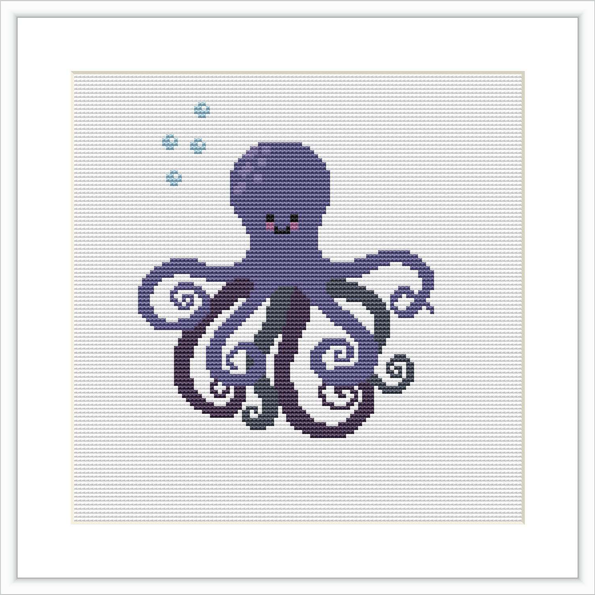 The image showcases a cross stitch pattern of a purple octopus with swirling tentacles and a few bubbles rising to the top, all on a white canvas.