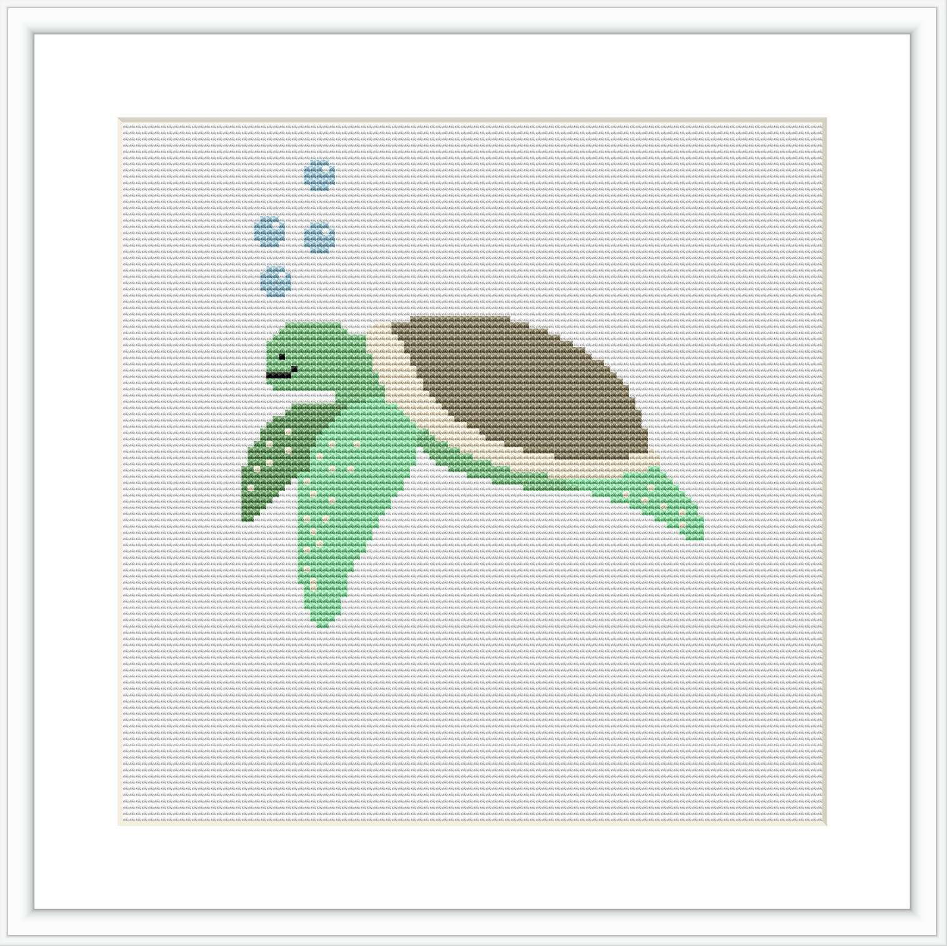 The image shows a cross stitch pattern of a sea turtle centered in the composition, with its fins outstretched. Surrounding the turtle are small blue stitches representing bubbles against a light background, simulating a serene underwater scene.