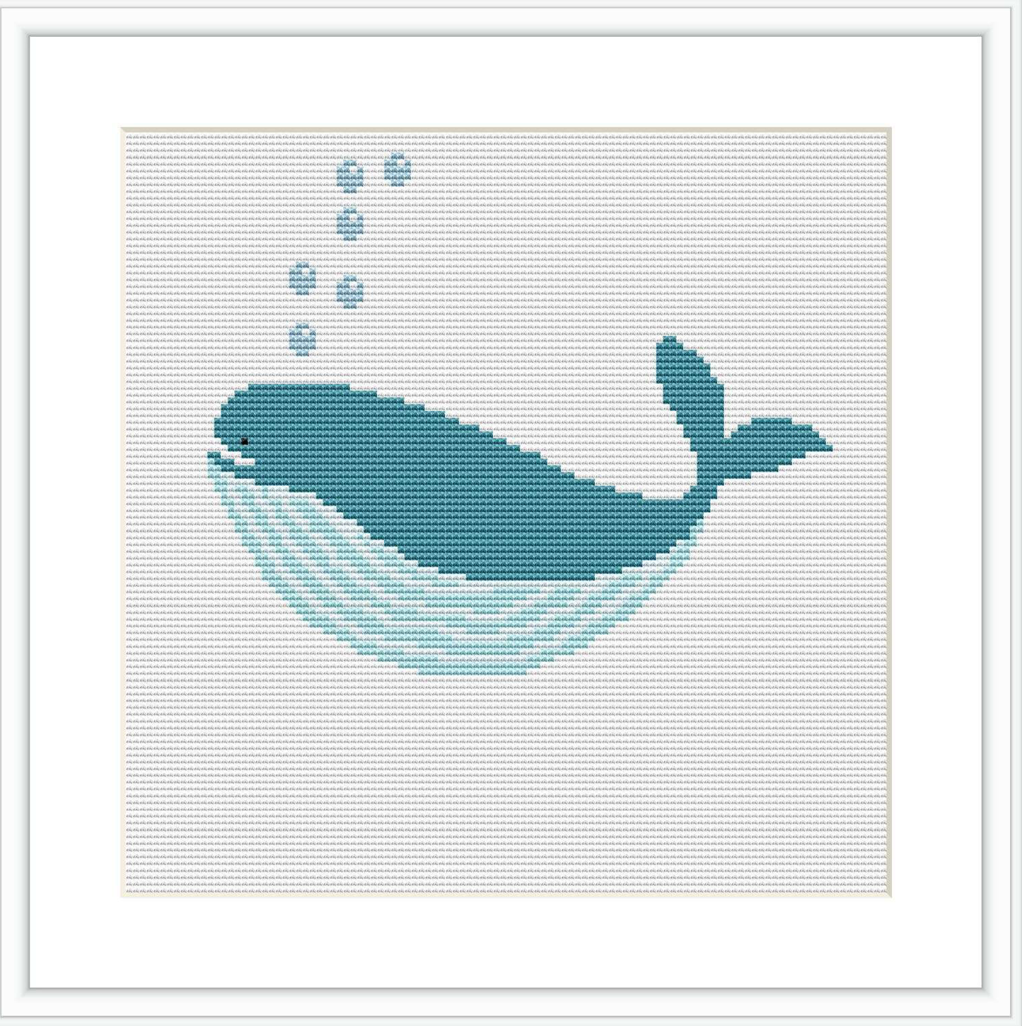 The image depicts a stylized whale, composed of varying shades of blue, swimming horizontally across the canvas. Above the whale, there are bubbles, and the background is left blank to emphasize the subject.