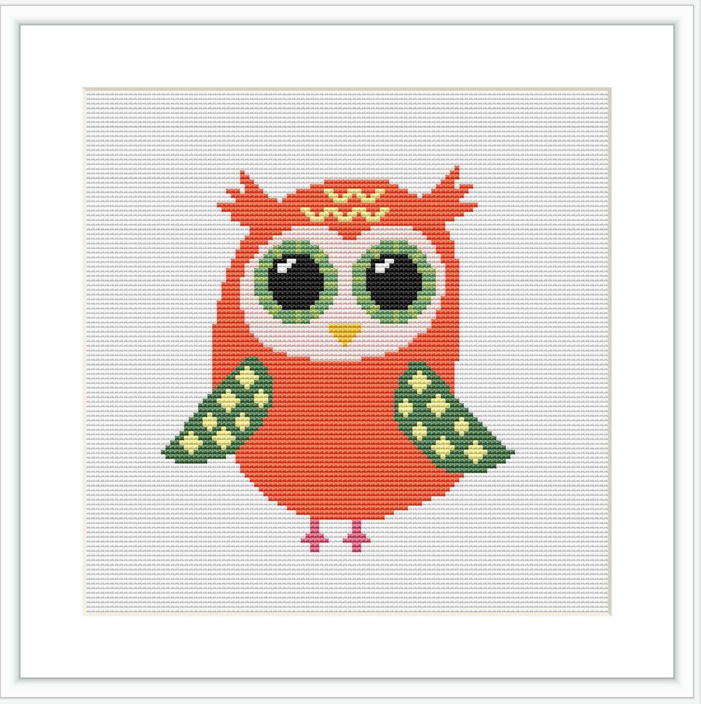 A colorful depiction of a cartoon-style owl, rendered in cross stitch form. The owl is standing and facing forward with large, circular eyes and patterned wings against a simple white background.