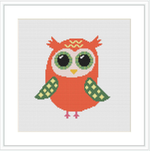 A colorful depiction of a cartoon-style owl, rendered in cross stitch form. The owl is standing and facing forward with large, circular eyes and patterned wings against a simple white background.