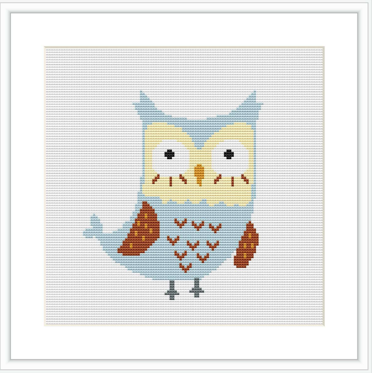 The image shows a cross stitch pattern of a stylized owl with a mix of blue, brown, and cream colors. The owl is front-facing with a patterned body and is positioned centrally against a plain white background, framed by a simple square border.