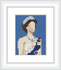 The image displays a framed cross stitch pattern of a stylized portrait resembling a queen with a crown. The visible stitched area is set against a blue background with other colors forming the image centrally placed within a white mount and a darker frame.