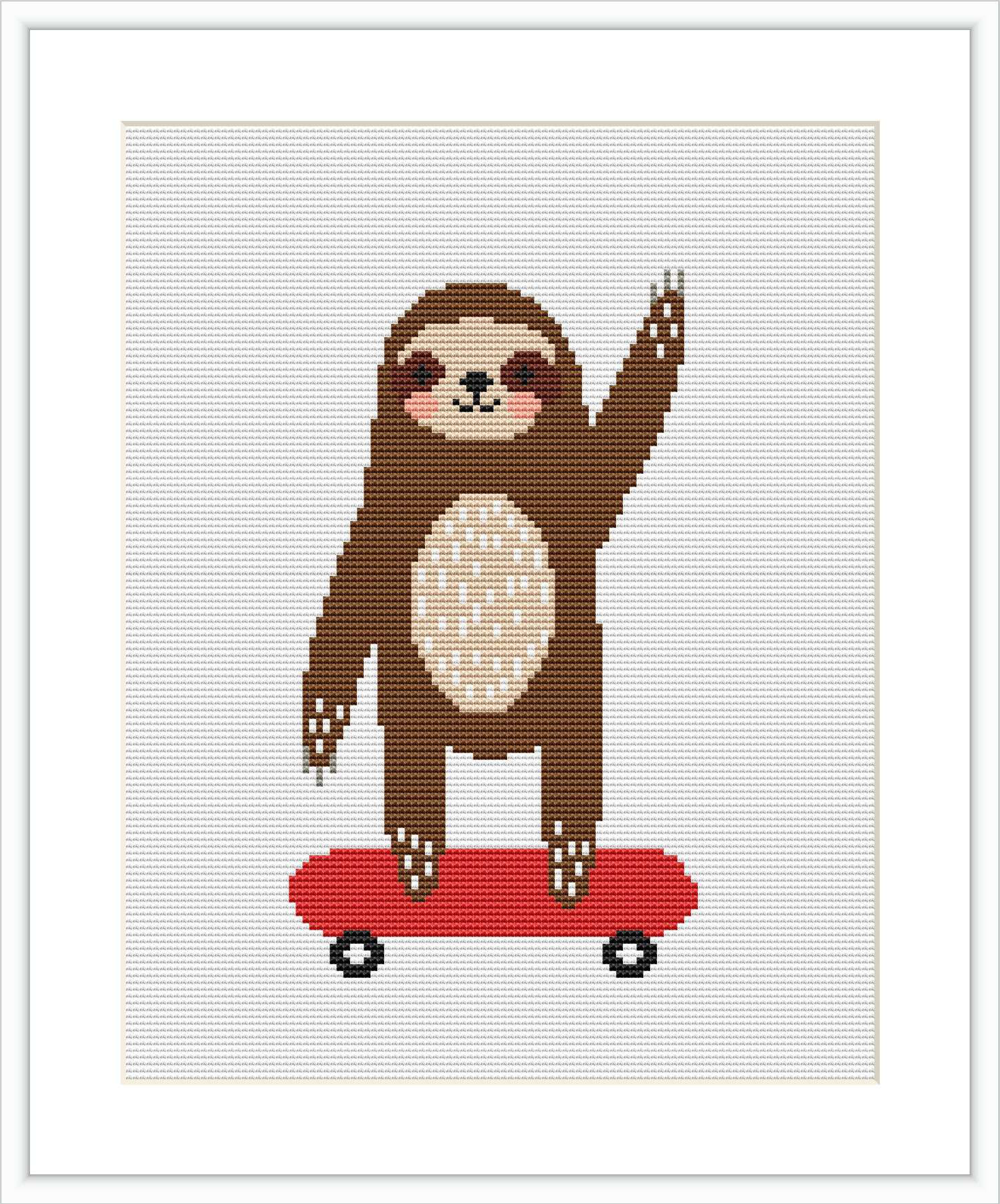A cross stitch design featuring a brown and beige sloth standing upright on a red skateboard with black wheels. The sloth is shown against a white background with a patterned belly, and is raising its left arm as if waving or balancing.