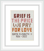 The image shows a framed cross stitch pattern with a quote attributed to Queen Elizabeth II, consisting of alphabet letters in various shades, centered within the frame.