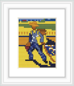The image depicts a figure resembling Vincent Van Gogh as a pixelated character rendered in cross stitch, walking through an impressionistic landscape. The subject carries an easel and painting supplies, strolling against a backdrop of vibrant yellow and green fields.